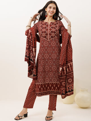 Ajrakh Tahsin Set Of Kurta Pants Dupatta