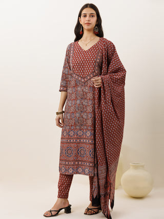 Ajrakh Mida Set Of Kurta Pants Dupatta