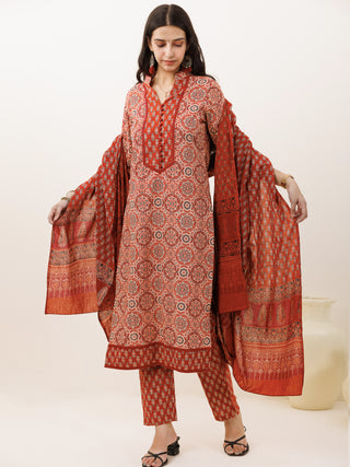 Ajrakh Rangrez Set Of Kurta Pants Dupatta
