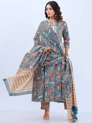 Aina Bindu Set Of Kali Kurta Pants Dupatta
