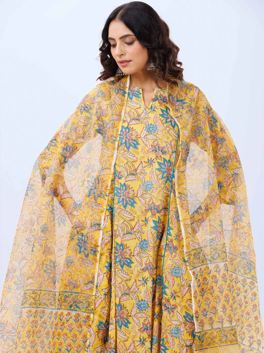 Aina Megha Set Of Kali Kurta Pants Dupatta