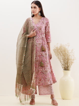 Rozana Sanjana Set Of Angrakha Kurta Pants Kota Doria Dupatta