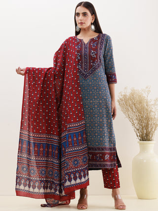Ajrakh Rukshar Set Of Kurta Pants Dupatta