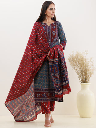 Ajrakh Rukshar Set Of Kurta Pants Dupatta