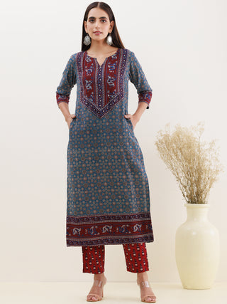 Ajrakh Rukshar Set Of Kurta Pants Dupatta