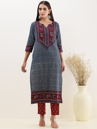 Ajrakh Rukshar Set Of Kurta Pants Dupatta