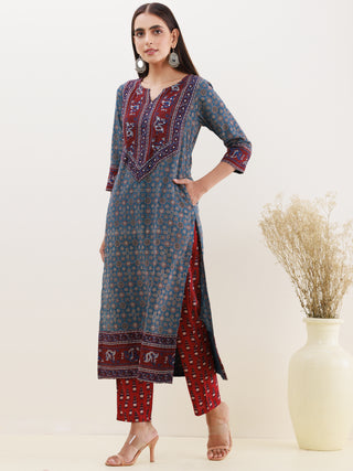 Ajrakh Rukshar Set Of Kurta Pants Dupatta