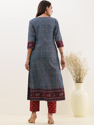 Ajrakh Rukshar Set Of Kurta Pants Dupatta