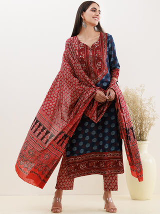 Ajrakh Nutan Set Of Kurta Pants Dupatta