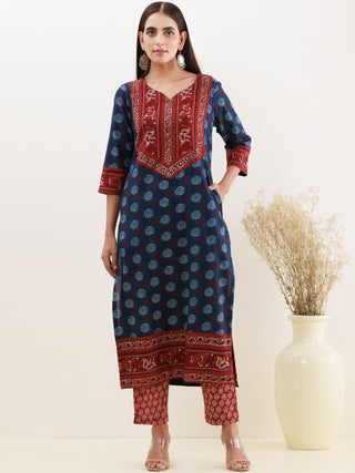 Ajrakh Nutan Set Of Kurta Pants Dupatta