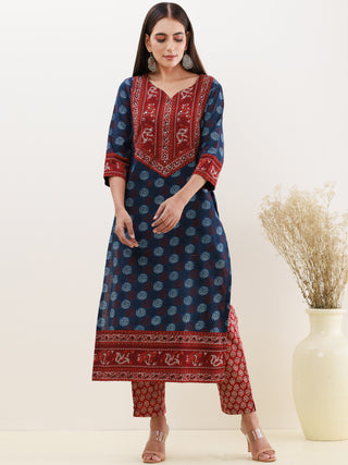 Ajrakh Nutan Set Of Kurta Pants Dupatta