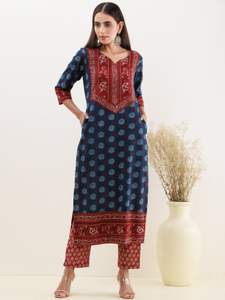 Ajrakh Nutan Set Of Kurta Pants Dupatta