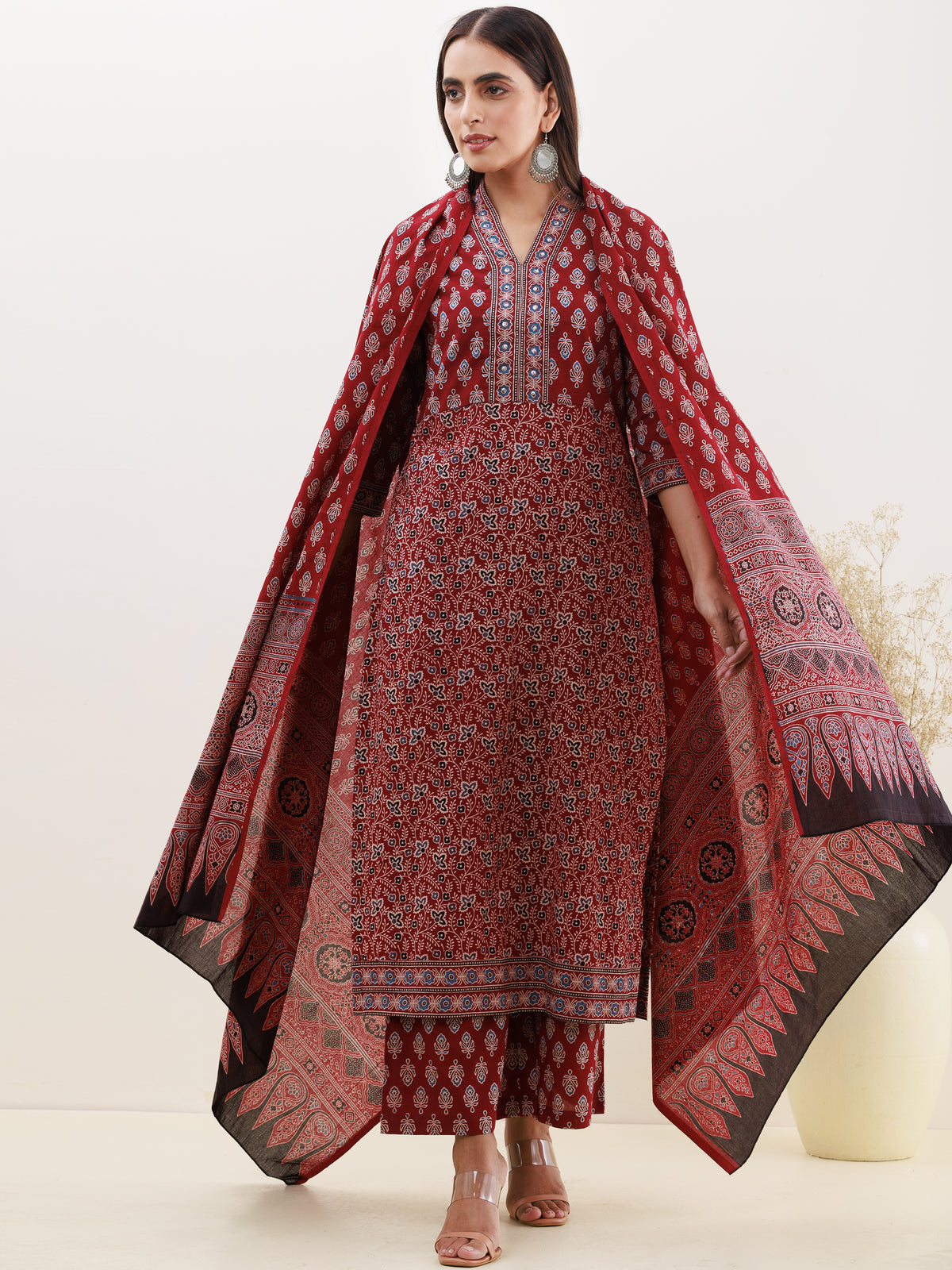 Ajrakh Manal Set Of Kurta Pants Dupatta