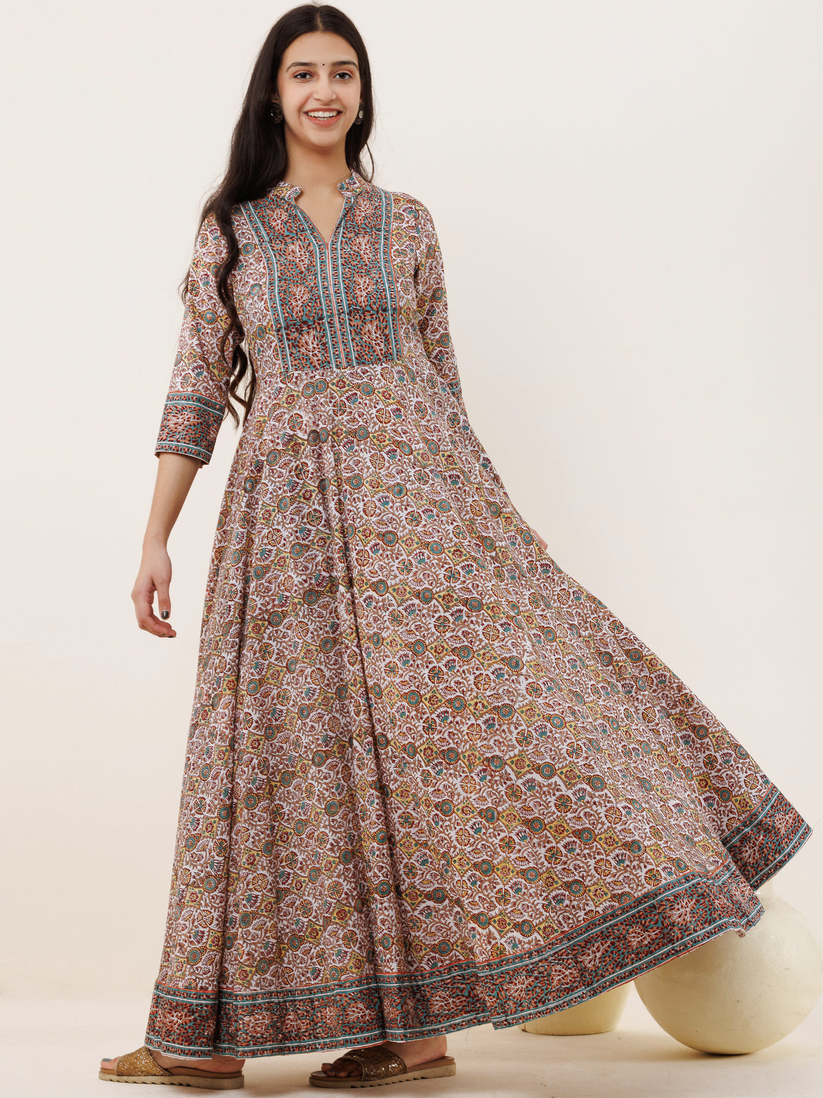 Mustard Cotton Flared Dress With Hand Embroidery at Soch
