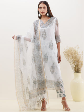 Rozana Heena Set Of Kota Doria Kurta Pants Dupatta