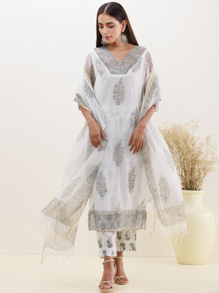 Rozana Heena Set Of Kota Doria Kurta Pants Dupatta