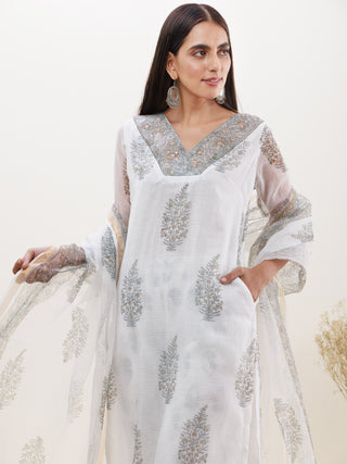 Rozana Heena Set Of Kota Doria Kurta Pants Dupatta