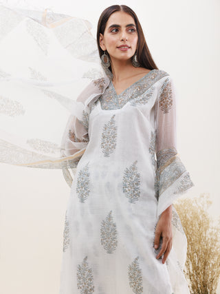 Rozana Heena Set Of Kota Doria Kurta Pants Dupatta