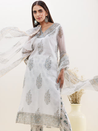 Rozana Heena Set Of Kota Doria Kurta Pants Dupatta