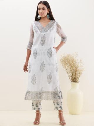 Rozana Heena Set Of Kota Doria Kurta Pants Dupatta