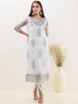 Rozana Heena Set Of Kota Doria Kurta Pants Dupatta