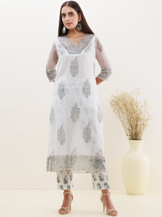 Rozana Heena Set Of Kota Doria Kurta Pants Dupatta