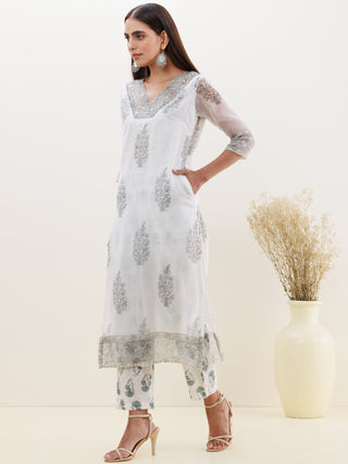 Rozana Heena Set Of Kota Doria Kurta Pants Dupatta