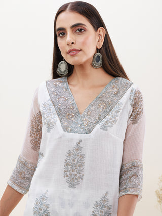 Rozana Heena Set Of Kota Doria Kurta Pants Dupatta