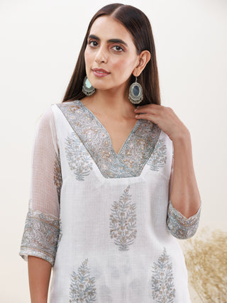 Rozana Heena Set Of Kota Doria Kurta Pants Dupatta