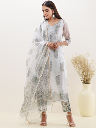 Rozana Tarang Set Of Kota Doria Kurta Pants Dupatta
