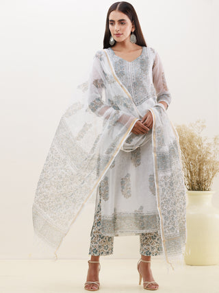 Rozana Tarang Set Of Kota Doria Kurta Pants Dupatta