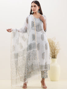 Rozana Tarang Set Of Kota Doria Kurta Pants Dupatta