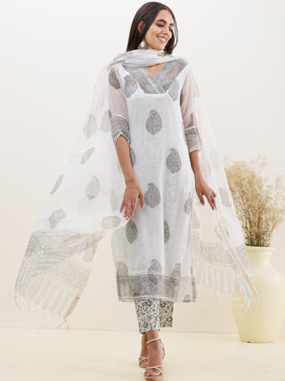 Rozana Sunaina Set Of Kota Doria Kurta Pants Dupatta