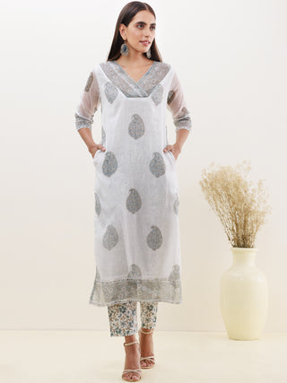 Rozana Sunaina Set Of Kota Doria Kurta Pants Dupatta