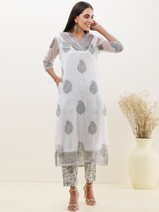 Rozana Sunaina Set Of Kota Doria Kurta Pants Dupatta