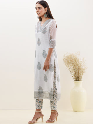 Rozana Sunaina Set Of Kota Doria Kurta Pants Dupatta