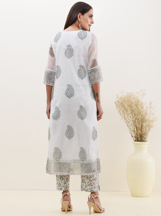 Rozana Sunaina Set Of Kota Doria Kurta Pants Dupatta