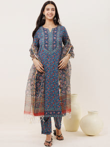 Rozana Neelam Set Of Kurta Pants Kota Doria Dupatta