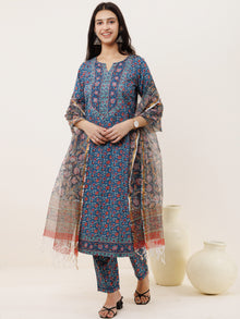 Rozana Neelam Set Of Kurta Pants Kota Doria Dupatta
