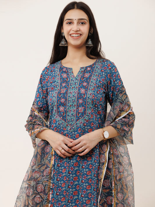 Rozana Neelam Set Of Kurta Pants Kota Doria Dupatta