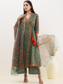 Rozana Diva Set Of Angrakha Kurta Pants Kota Doria Dupatta