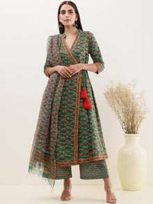 Rozana Diva Set Of Angrakha Kurta Pants Kota Doria Dupatta