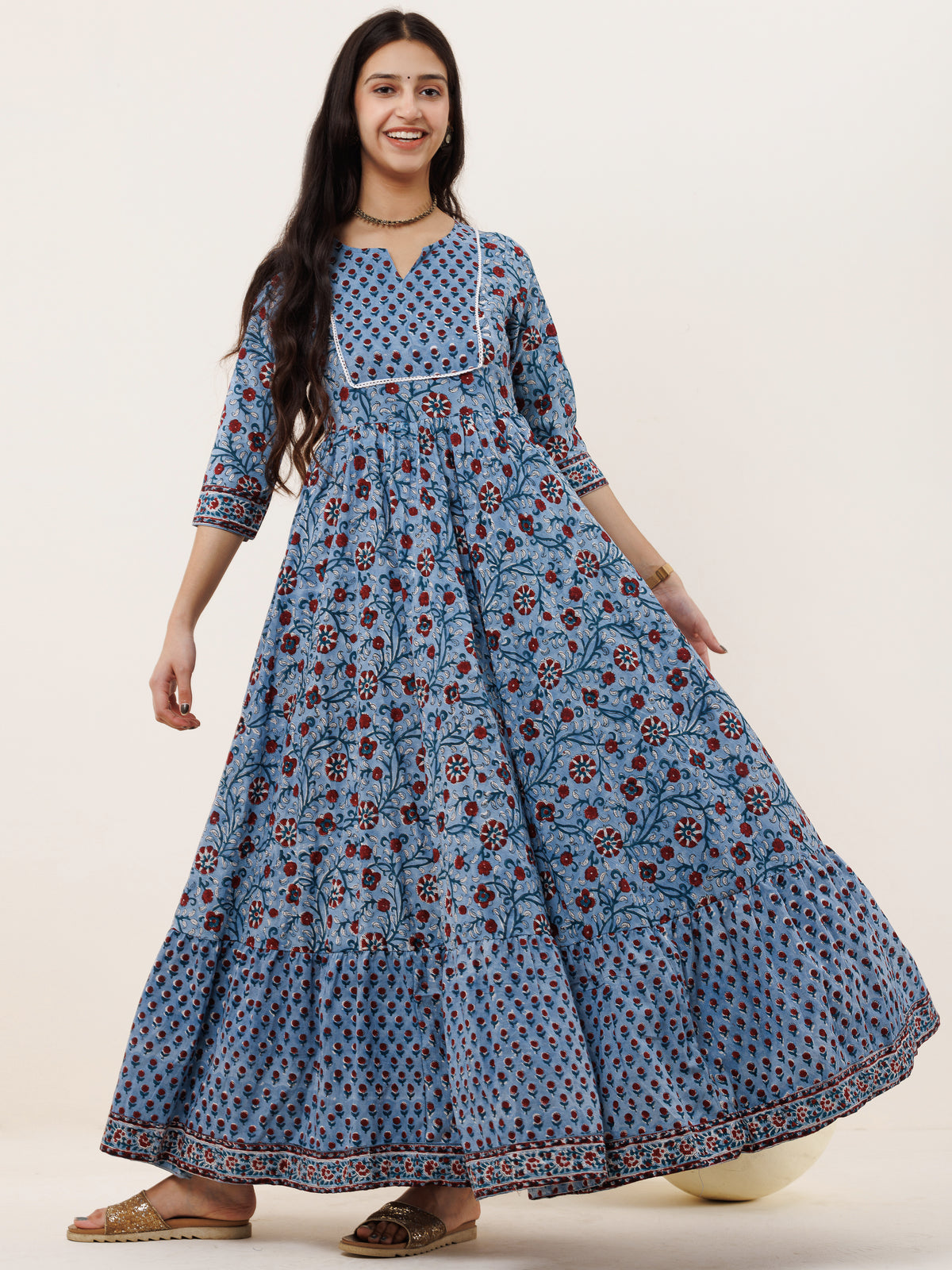 Nazmin - Hand Block Printed Long Cotton Dress With Back Knots - D162F1301 | Cotton  long dress, Cotton dresses, Dress neck designs
