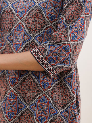 Ajrakh Neelam Set Of Kurta Pants Dupatta