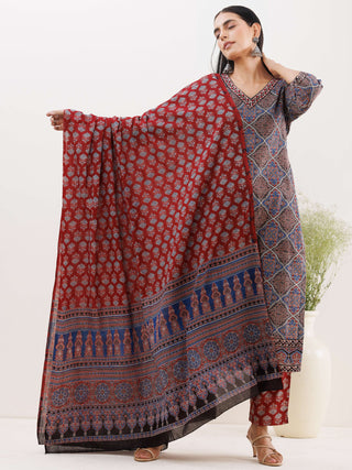 Ajrakh Neelam Set Of Kurta Pants Dupatta