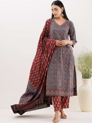 Ajrakh Neelam Set Of Kurta Pants Dupatta