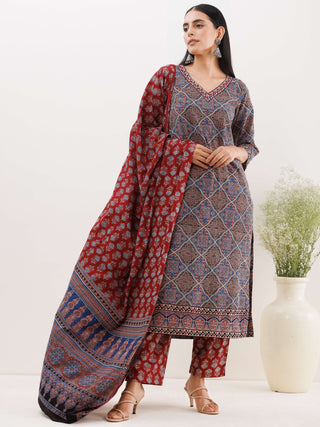 Ajrakh Neelam Set Of Kurta Pants Dupatta