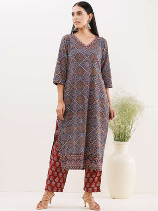 Ajrakh Neelam Set Of Kurta Pants Dupatta