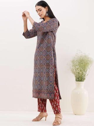 Ajrakh Neelam Set Of Kurta Pants Dupatta
