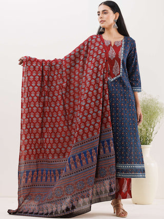 Ajrakh Damini Set Of Kurta With Pockets Pants Dupatta